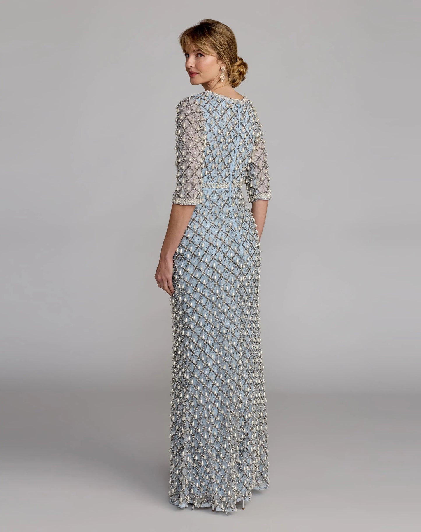 Blue Pearl Embellished 3/4 Sleeve Gown