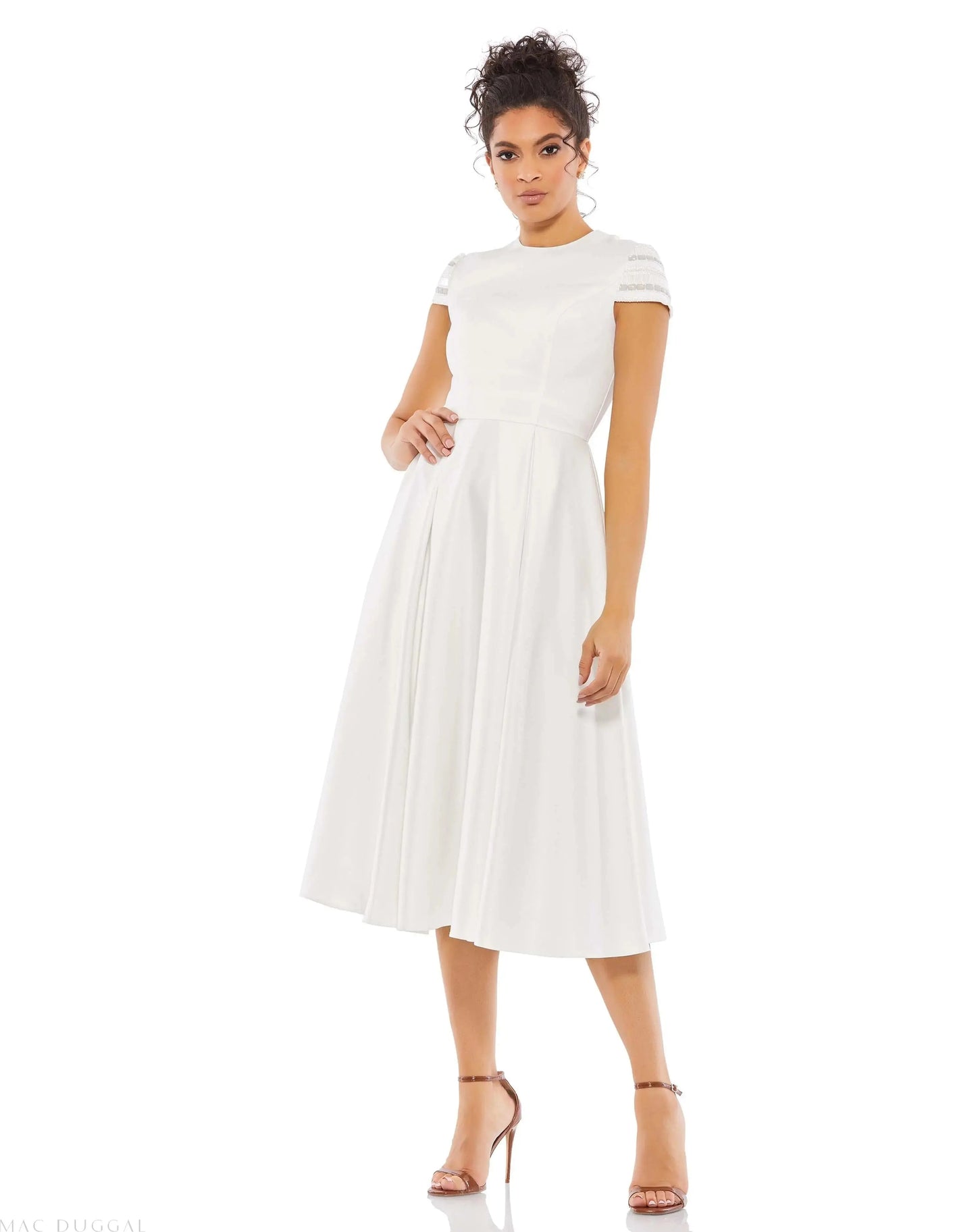 High Neck Cap Sleeve Tea Length Dress