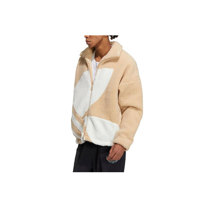 Adidas sherpa track jacket in tan and white, stand collar full-zip fleece