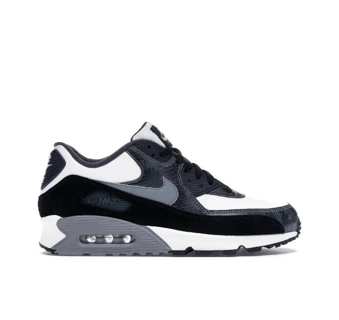 Air Max 90 running shoe profile, white and black upper with visible gray air unit