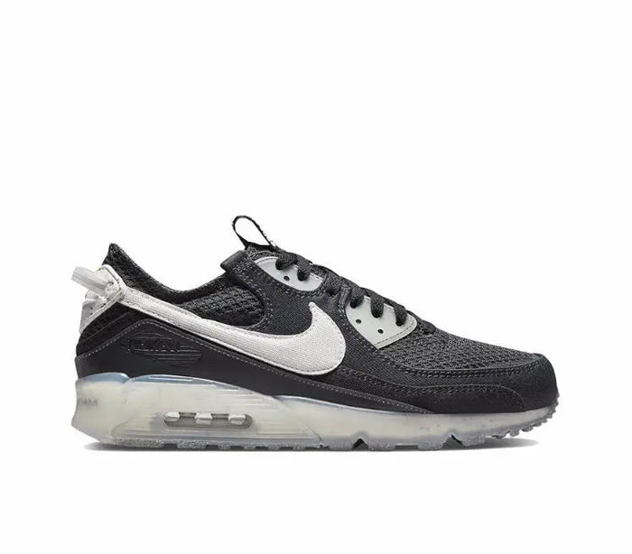 Nike Air Max 90 sneaker, side profile with white swoosh and clear Air midsole