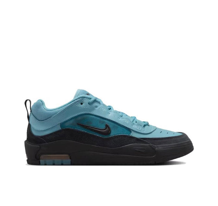 Nike Air Max low-top sneaker side view, light blue upper, teal swoosh, black outsole