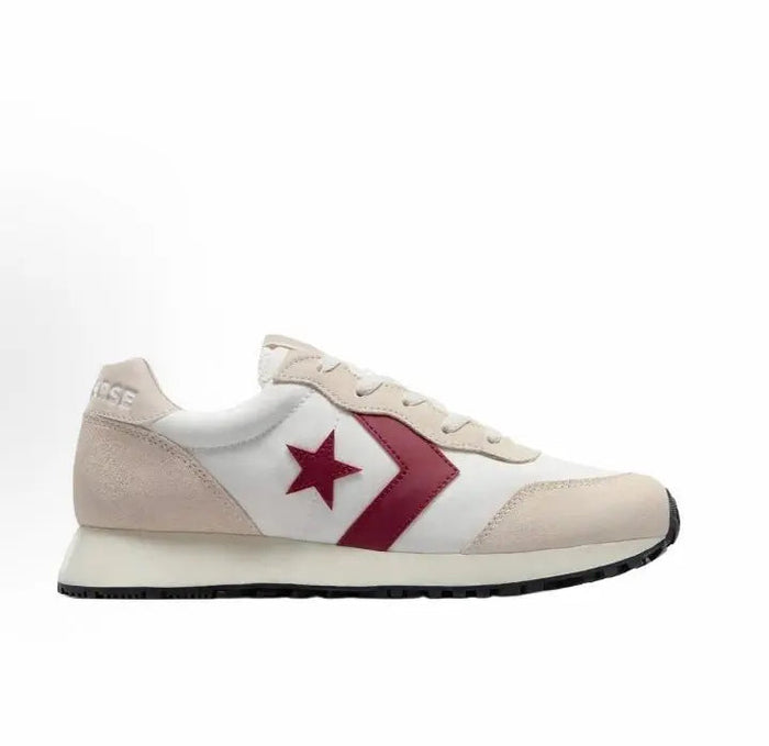 Cream low-top sneaker with dark red star and side stripe, beige panels, black sole