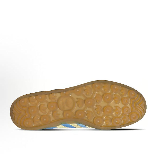 Adidas Gazelle Indoor gum rubber outsole with blue-and-yellow upper trim