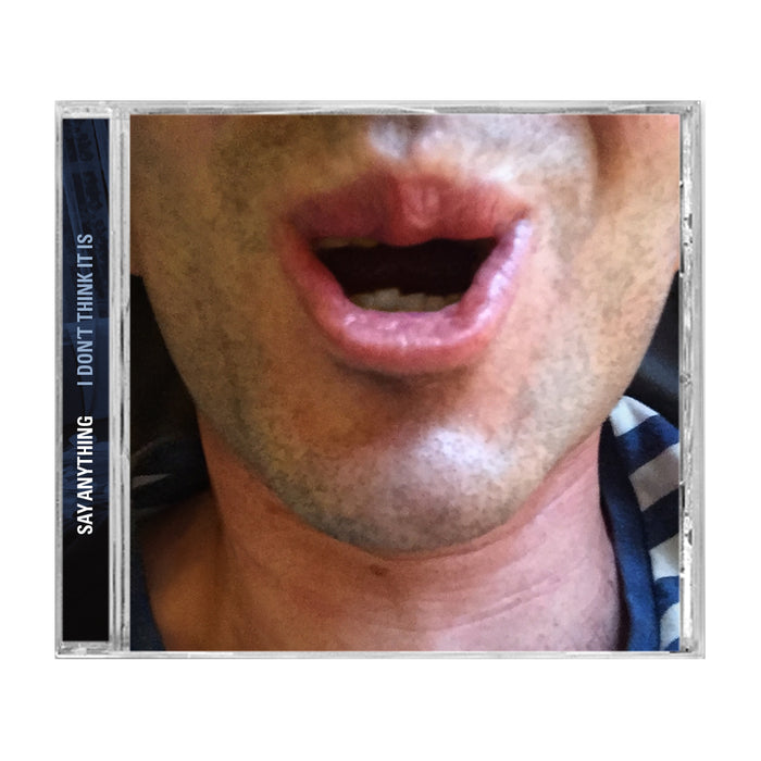 Close-up of a persons mouth and chin, wearing a blue and white striped shirt. Styled as a music album CD cover for Say Anything, suggesting an intriguing track list.