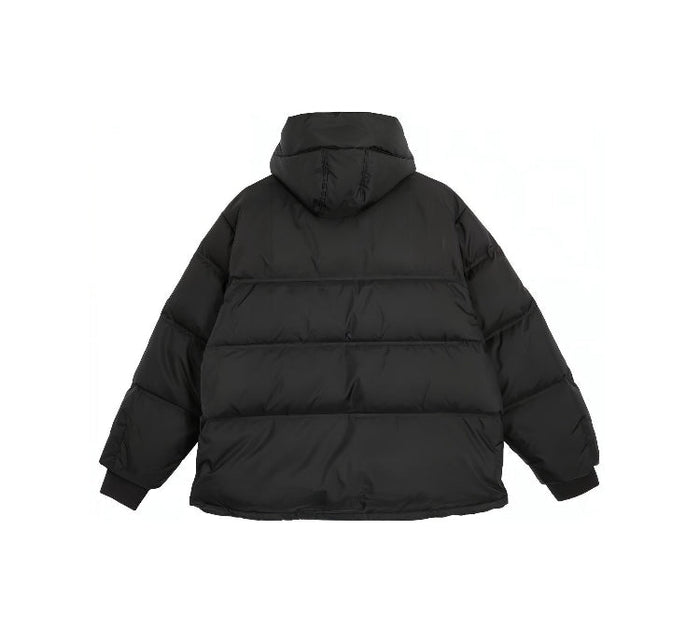 Black hooded puffer down jacket, back view with quilted panels