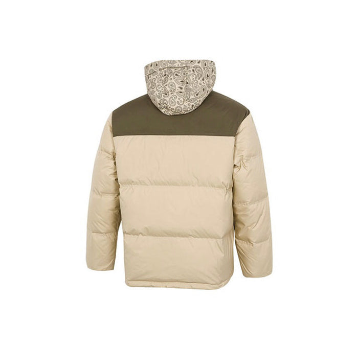 Puma tan puffer jacket back view with patterned hood lining and quilted panels