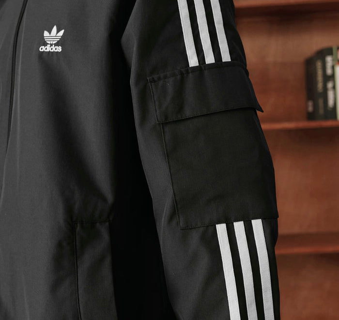 Adidas track jacket sleeve pocket, black with white triple stripes