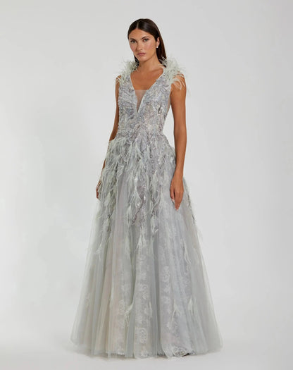 Embellished Feathered Sleeveless A Line Gown