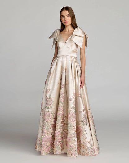 Ivory Brocade V Neck Ball Gown With Bow Straps