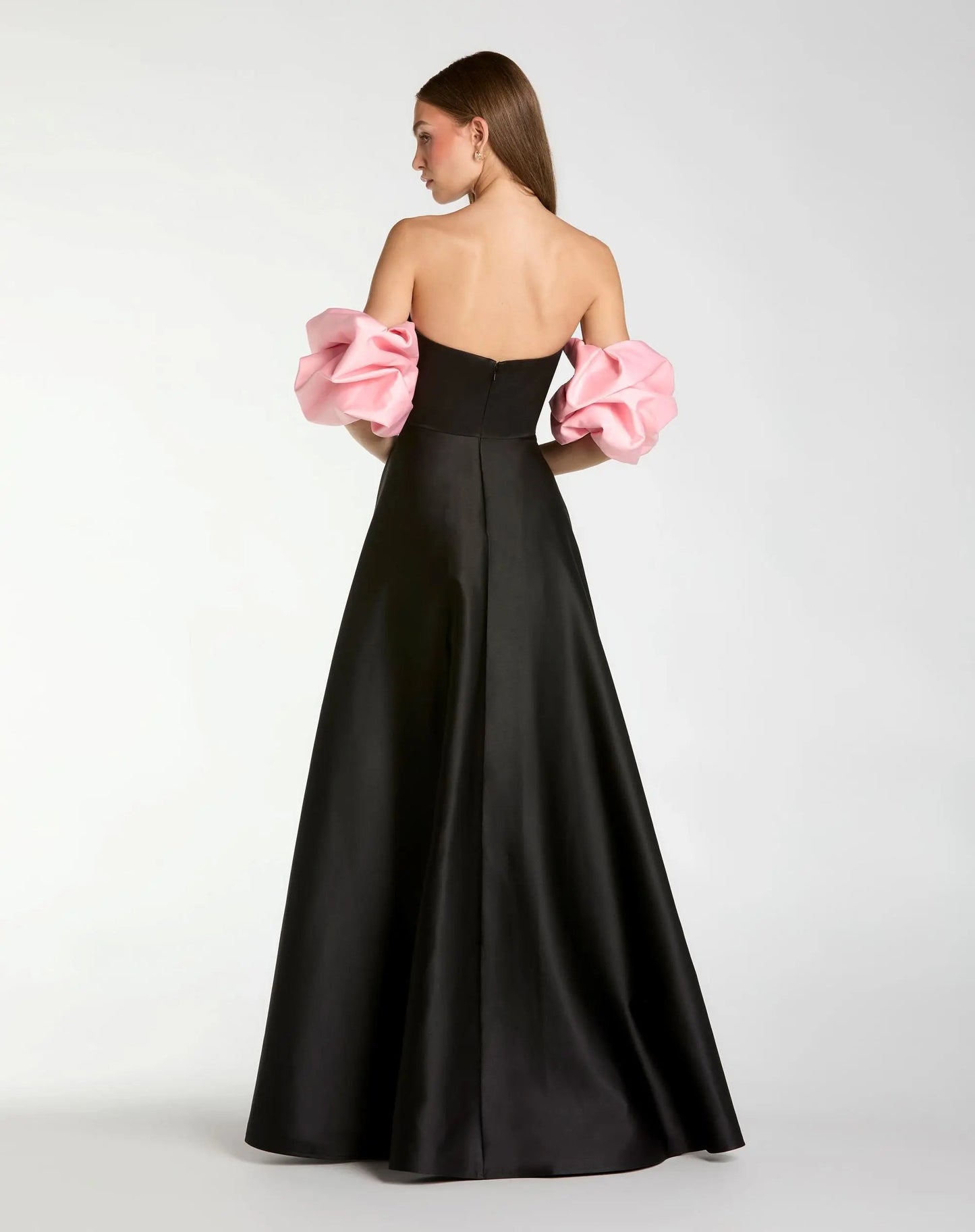 Black Satin Ball Gown With Colorblock Puff Sleeves