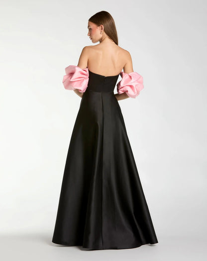 Black Satin Ball Gown With Colorblock Puff Sleeves