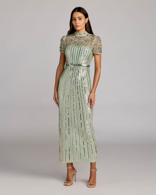 Green Beaded Mock Neck Midi Dress