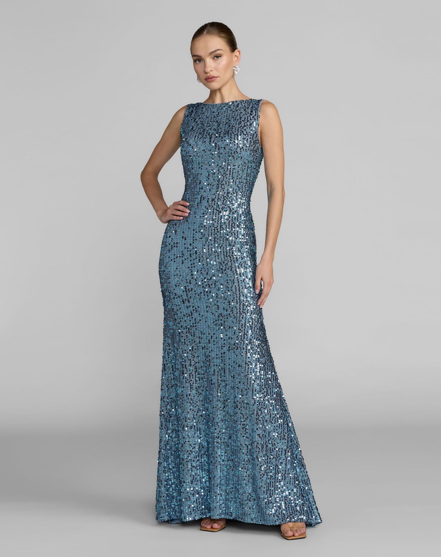 Blue Cowl Back Boat Neck Sequined Evening Gown