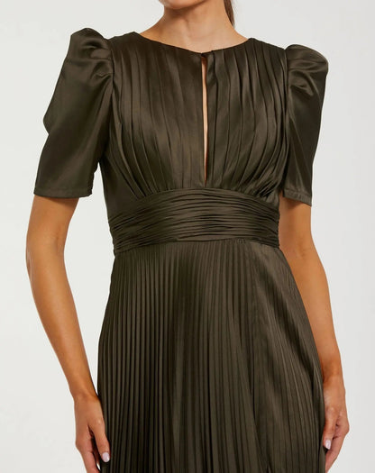 Dark Green Pleated Charmeuse Puff Sleeve Evening Gown With Slit