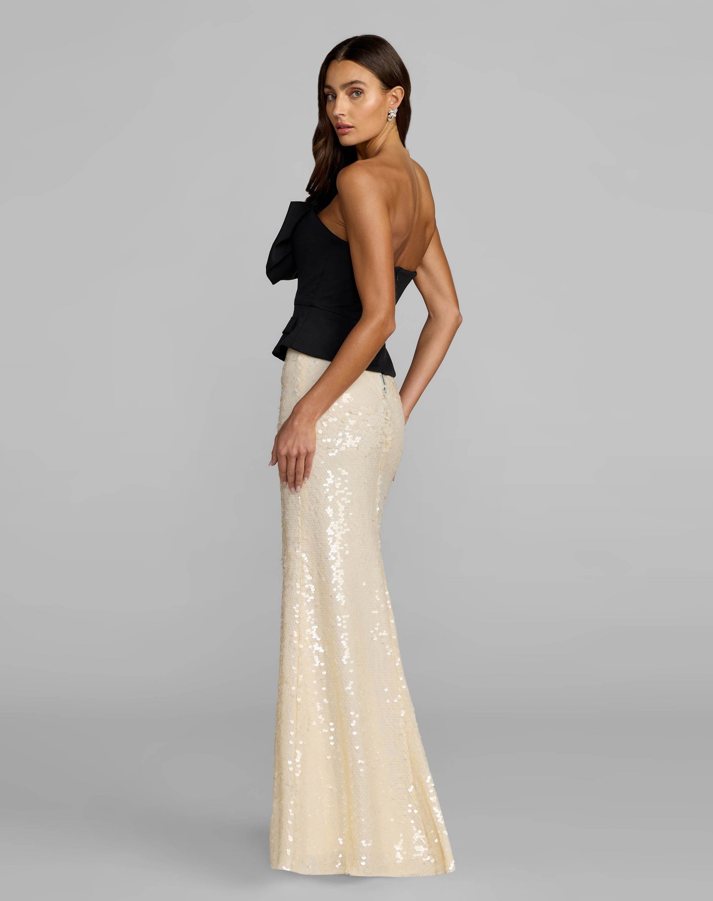 Black and Ivory Strapless Peplum Sequin Evening Gown