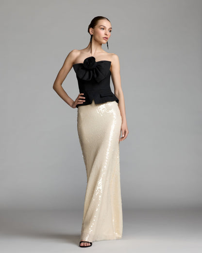Black and Ivory Strapless Peplum Sequin Evening Gown