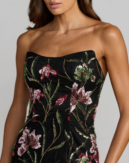 Black Strapless Floral Embroidered Column Dress