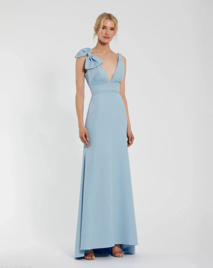 Blue Sleeveless V Neck Bow Detail Mermaid Gown