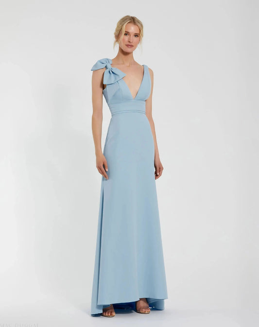 Blue Sleeveless V Neck Bow Detail Mermaid Gown