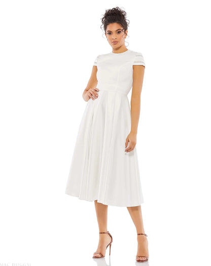 High Neck Cap Sleeve Tea Length Dress