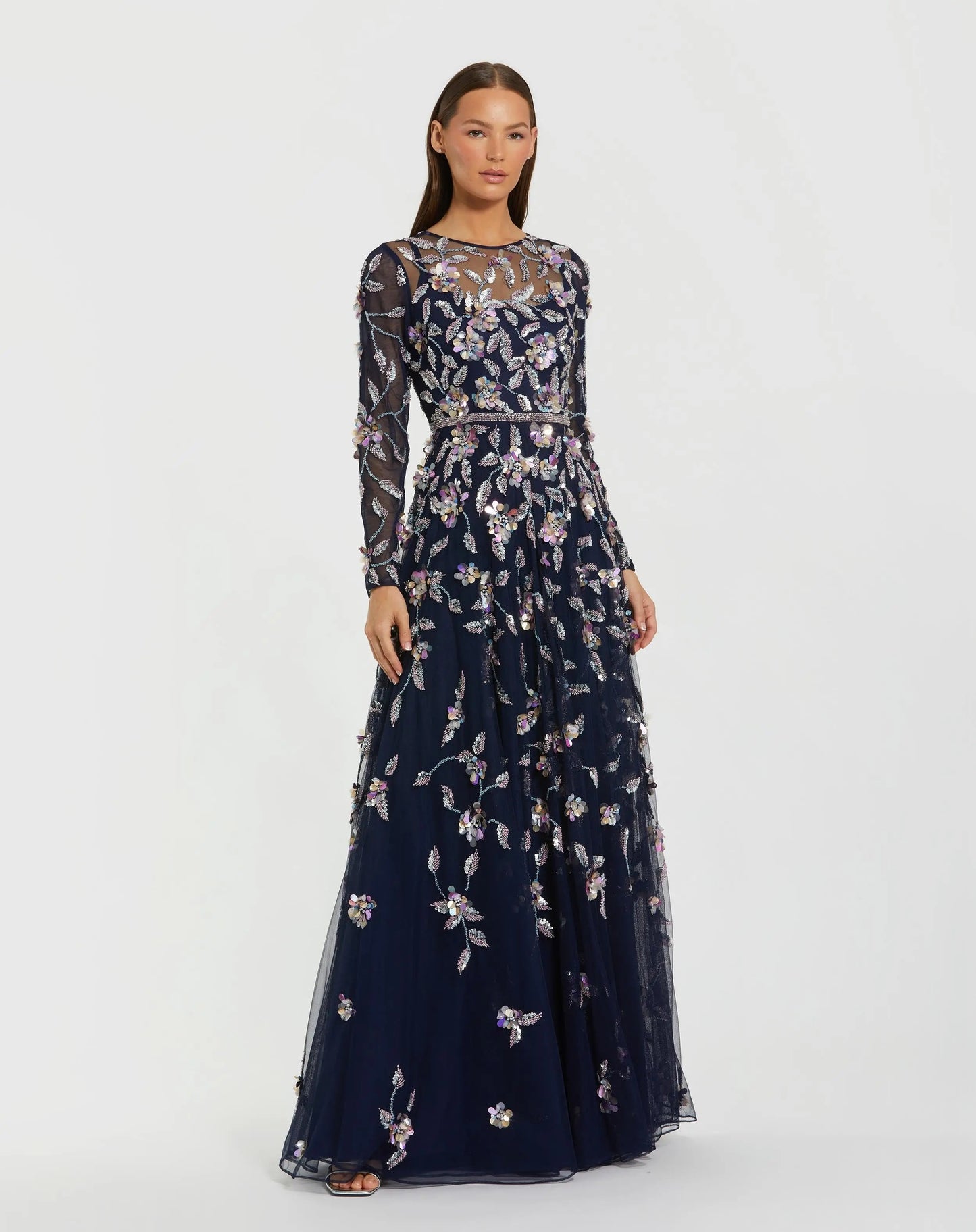 Long Sleeve Floral Embellished Evening Gown