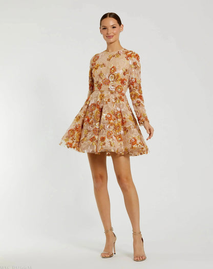 High Neck Long Sleeve Sequin A Line Mini Dress