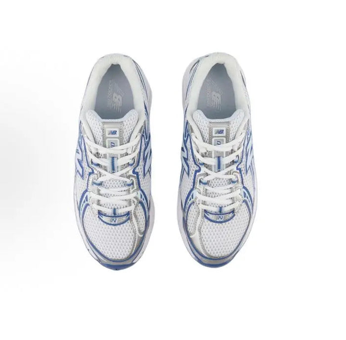 Pair of New Balance 740 sneakers, white mesh with blue lace trim
