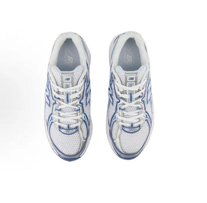 Pair of New Balance 740 sneakers, white mesh with blue lace trim