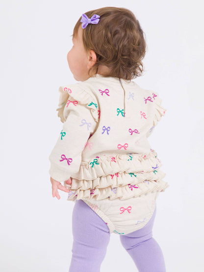 Baby Girls Heather Oatmeal Ribbons Sweatshirt Bubble Romper