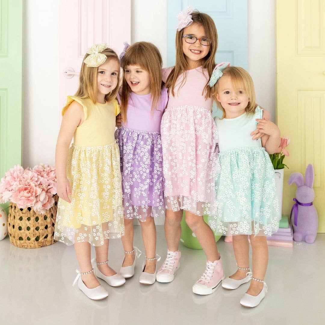 Aqua Ditsy Daisy Easter Tiered Short Sleeve Tutu Dress