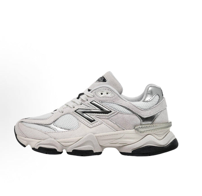 New Balance 9060 grey chunky sneakers, side view, N logo lace-up upper