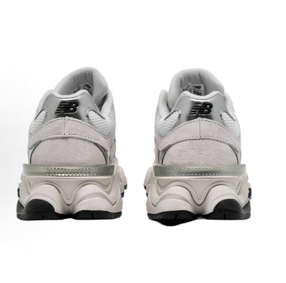 Grey chunky sneakers back view, padded heel and black outsole