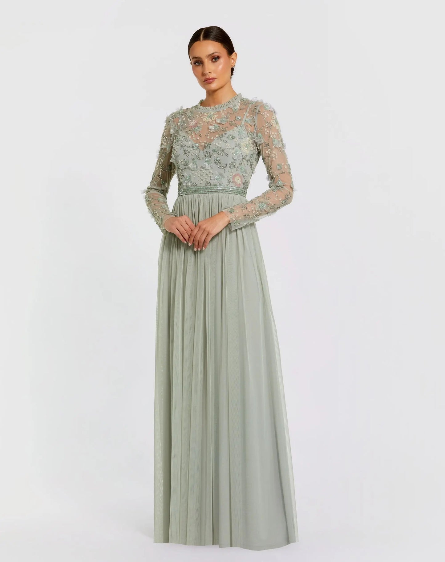 Embellished Illusion High Neck Long Sleeve Gown