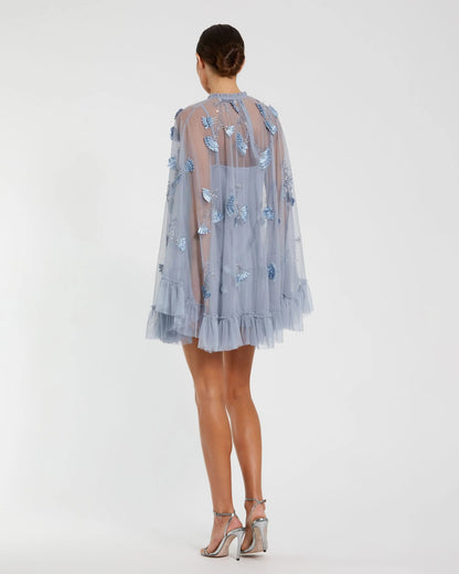 Blue Embellished Long Sleeve Trapeze Dress with Ruffle Hem
