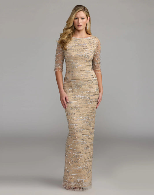 Beige Beaded Fringe Column Gown