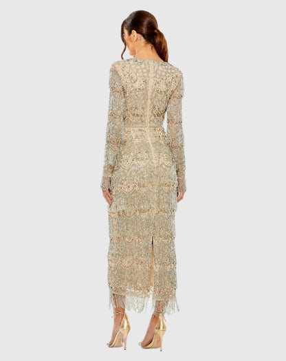 Beige V-Neck Long Sleeve Beaded Fringe Dress