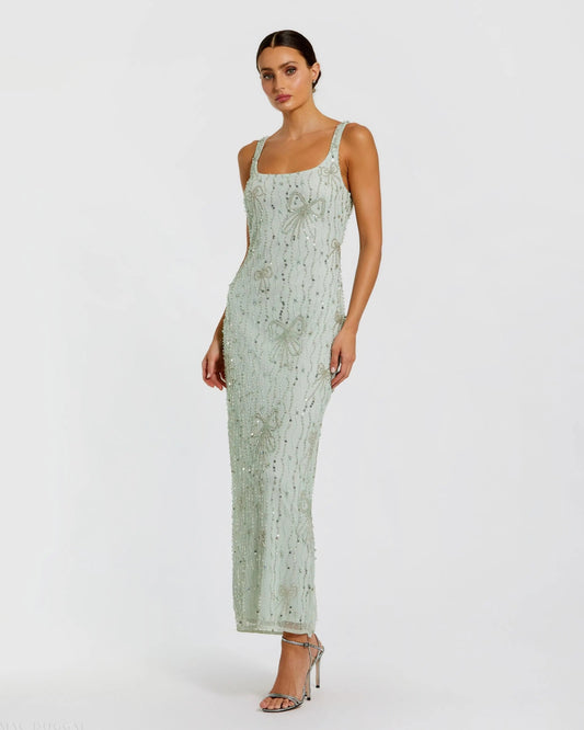 Green Beaded Bow Embellished Midi Dress