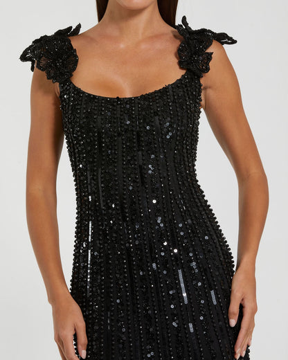Black Sleeveless Embellished Gown With Floral Accent