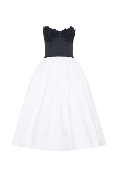 Elyssa Embroidered Contrast Midi Dress - Black/White