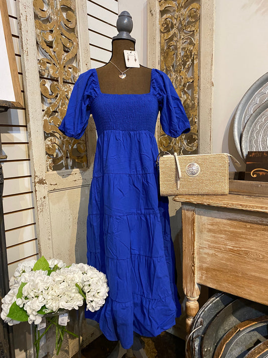 Blue Puff Sleeve Smocked Dress