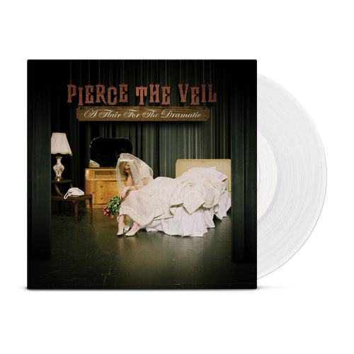 Pierce The Veil album cover for "A Flair for the Dramatic" shows a bride in a white dress and earrings on a bed on stage, with green curtains, lamp, phone, and a white vinyl record. Brand: Pierce The Veil.
