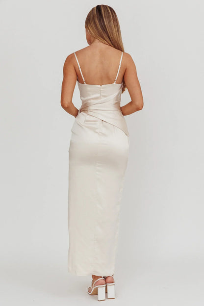Celestine Waist Tie Satin Maxi Dress Light Champagne