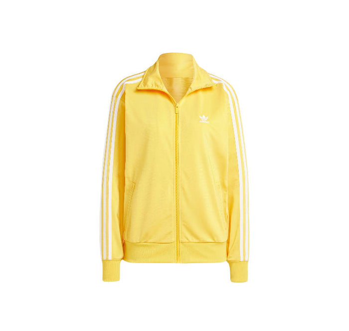 Yellow track jacket with Adidas logo, full-zip front, and three side stripes