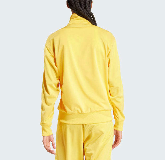 Yellow track jacket back view with Adidas logo and three side stripes