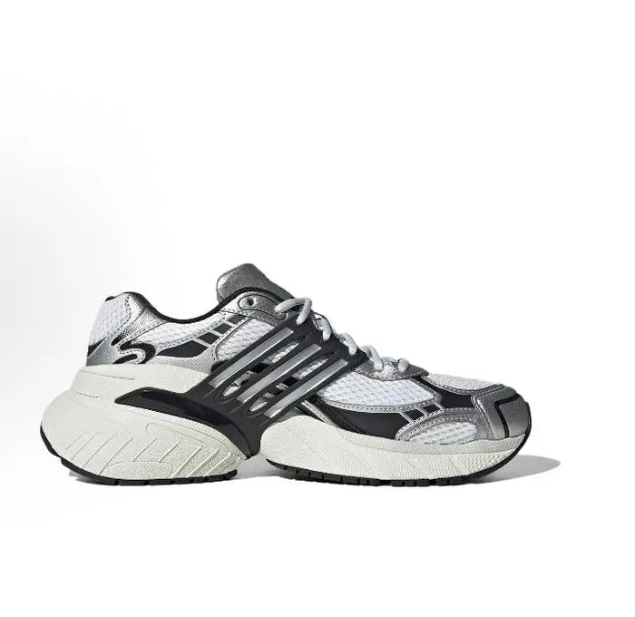 White and dark gray low-top running shoes with black stripes and lace-up front