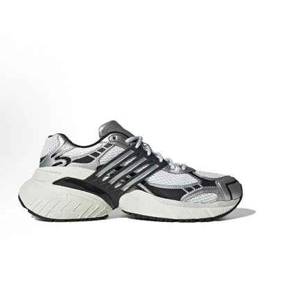 White and dark gray low-top running shoes with black stripes and lace-up front