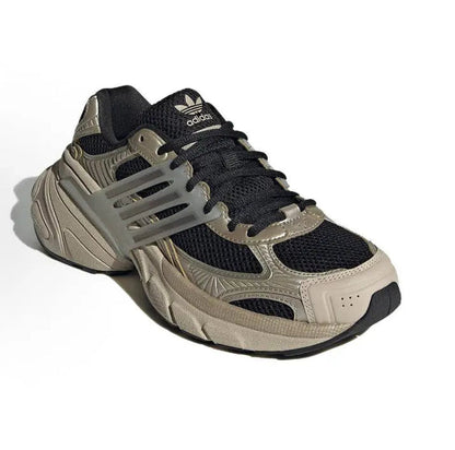 Running sneakers, black and beige with metallic stripes, lace-up with cushioned sole