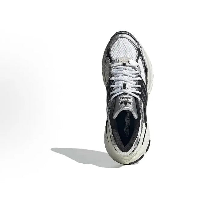White and dark gray lace-up running shoe with black heel panel and mesh upper