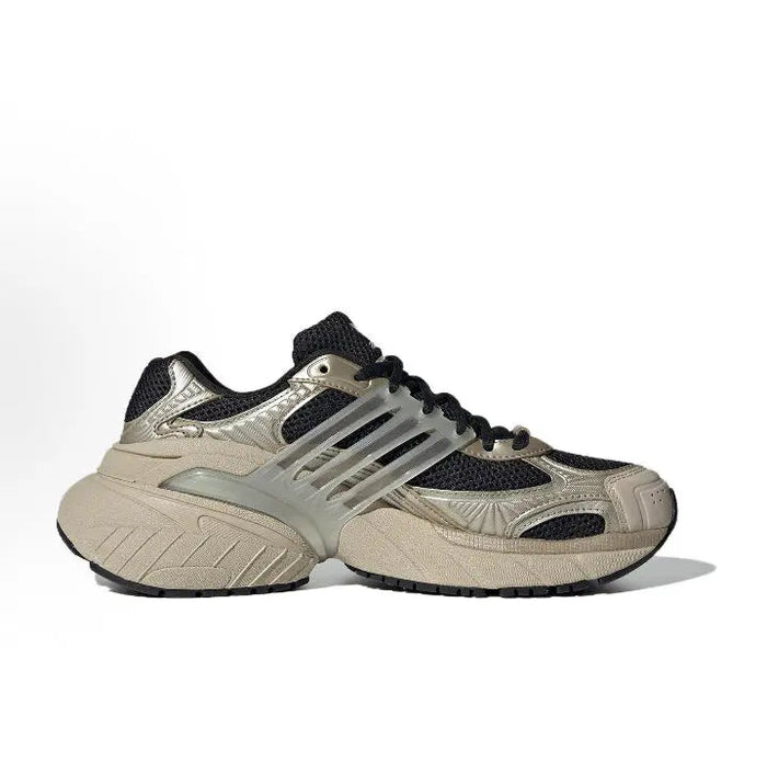 Running sneakers, black and beige with metallic accents, lace-up; thick cushioned sole